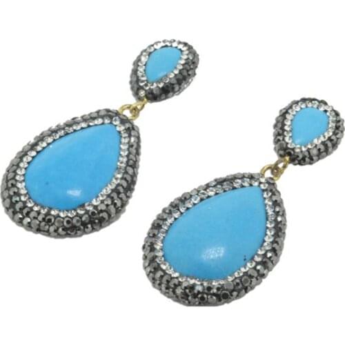 New design pears water drop shape natural blue crackle stone charm paved shine rhinestone beads dangle earring earring