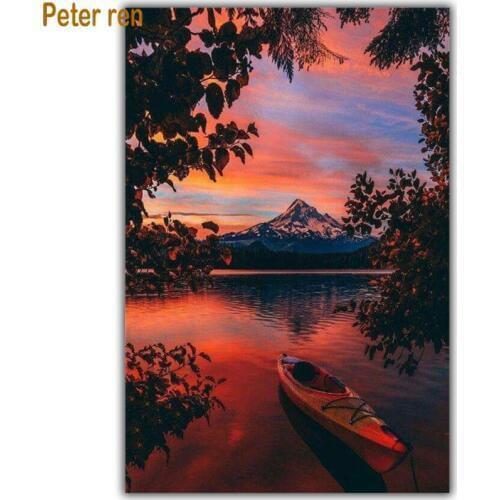 Peter ren Diamond painting cross stitch diamond embroidery landscape Diy Square/Round diamond Mosaic Rhinestone Sunset sea canoe