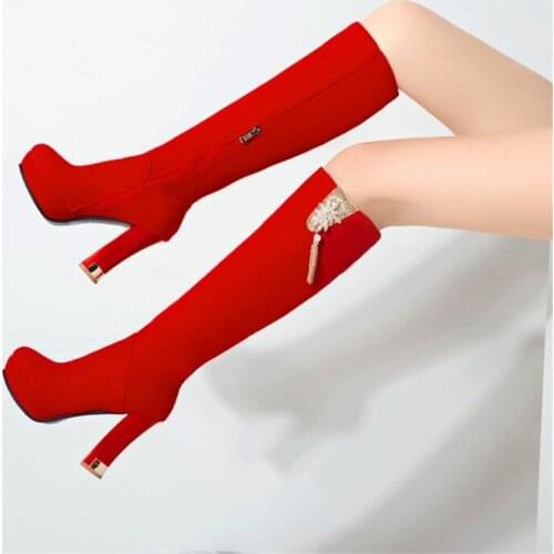PXELENA Elegant Crystal Chain Knee High Boots Women Faux Suede Block High Heels Long Boots Fashion Office Lady Daily Shoes Red