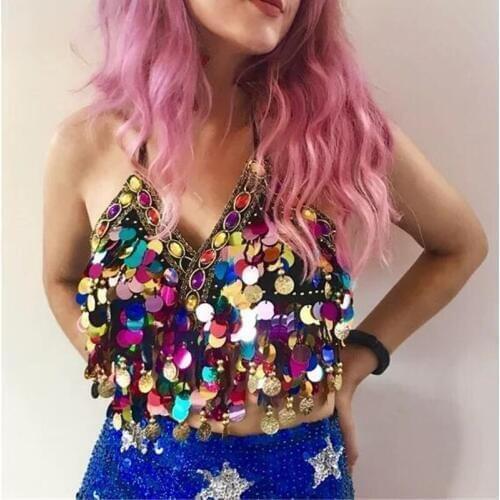 Rainbow Sequin Tassel Mermaid Mirror Festival Body Harness Bra Bralette Crop Top Beading Coins Lace-Up Chiffon Boho Camis Top
