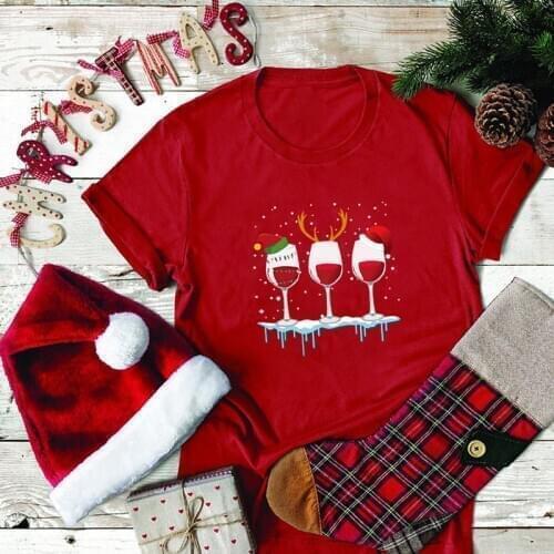 Christmas Wine Glass Santa Claws Printed Christmas T-shirt Harajuku Loose Neck Oversized T Shirt Tops Holiday Mujer Camisetas