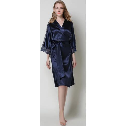 Stain Silk Dress Ladies Womens Lace Sleepwear Sexy Robe Spring Autumn Lace Bathrobe Sexy Lingerie Night Gown