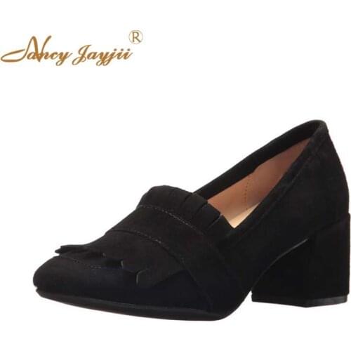 Female Pumps Lady Adult Shoes Black Flock Med Square heels Fringe Buckle Pointed Toe Slip-On Spring/Autumn Classics 2021