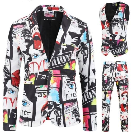 Hip Hop Mens 3D Printed 3 Piece Lapel Suits Slim Fit Suit Set For Casual Men Singer Wedding Costume Blazer+Vest+Pants 2021