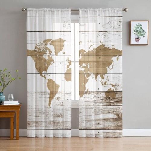 Vintage Wooden Texture World Map Window Curtains Bedroom Modern Drape Sheer Tulle Valances Living Room Kitchen Voile Curtain