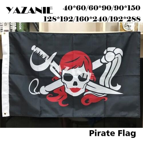 YAZANIE Any Size Black Polyester Red Hair Skull Printed Crossbones Pirate Flag Party Decorative Flags And Banners For Halloween