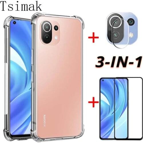 3-in-1/Silicone Cover For Xiaomi Mi 11 Lite 10T Pro 10 T Case Protective Tempered Glass Screen Protector Camera Len Film