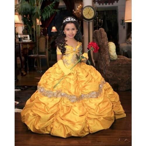 Yellow Princess Girl Ball Gowns Flower Girl Dresses Lace Taffeta Little Girl Wedding Dresses Vintage Pageant Dresses Gowns