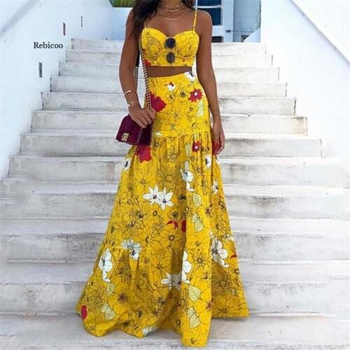 Ladies Sexy Tube Top Strapless Long Skirt Two-Piece Fashion Summer Beach Print Wrap Chest Long Skirt