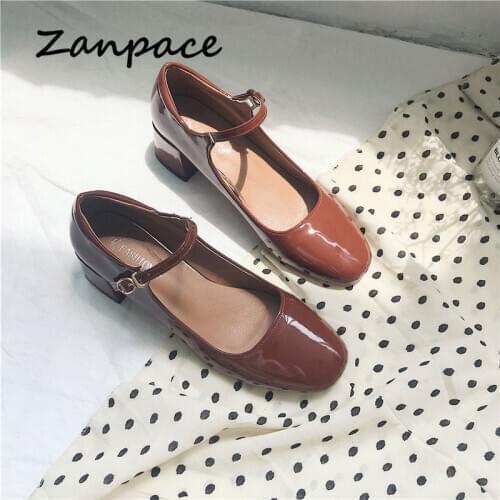 New Spring Shallow Shoes for Women 2021 Casual Thick Heeled Leather Womens Shoes Mary Janes Black Buckle Strap PU Flats Shoes