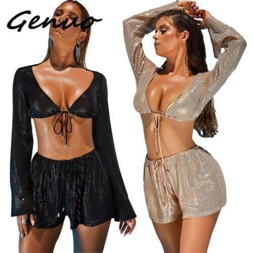 Genuo New Two Piece Set Sexy Short Jumpsuit Women Sequin Jumpsuit Romper Female Long Sleeve V Neck Playsuit Overalls Jump Suit