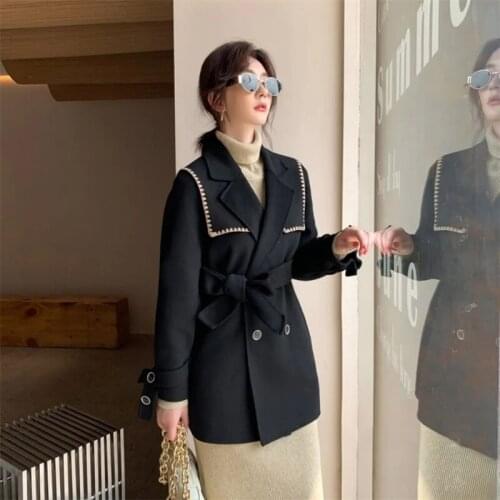 2021 Square Collar Wool Coat Women Small Fragrant WindShawl Mid-Long Wool Coat Autumn Winter Double Sided Wool Outcoat With Belt