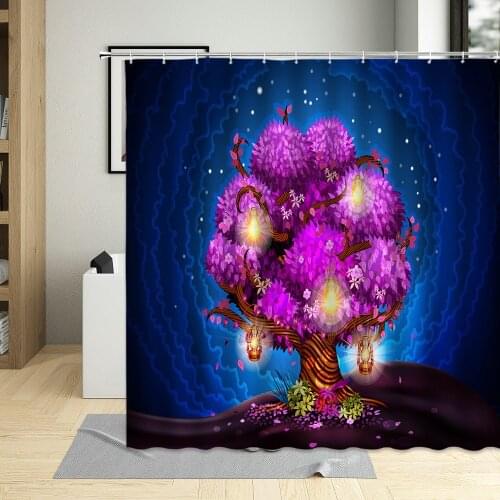 3D Fantasy Purple Tree Shower Curtain Natural Scenery Bathroom Decor Cartoons Creative Child Curtain With Hooks Washable Sets
