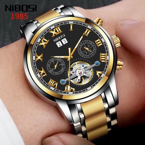 Automatic NIBOSI Mens Watches Mechanical Gold Skeleton Vintage Men Watch Top Brand Luxury Sport Tourbillon Relogio Masculino