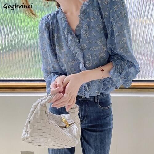 Blouses Women Chiffon Ruffled Collar Floral Printed Lantern Sleeve Korean Style Sweet Lady Elegant Leisure Gentle Fashion Shirts