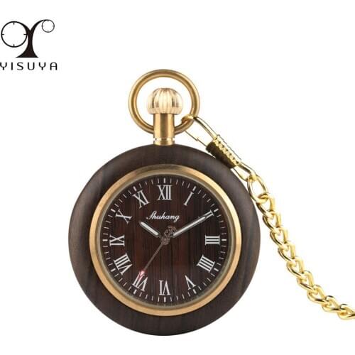 Ebony Wood Pocket Watch Roman Numerals Dial Quartz Pendant Timepiece Natural Retro Pocket Clock with Fob Chain Men Women Gifts