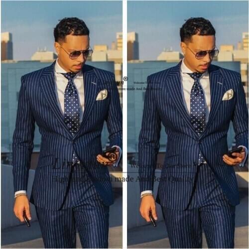 Hot Sale Blue Striped Suit Men Set Slim Fit Custom Made Wedding Suits for Men 2 Piece Blazer Groom Prom Tuxedo Jacket+Pants