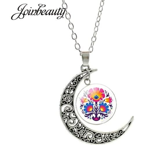 JOINBEAUTY Polish Art Cut Flowers Pattern Glass Cabochon Dome Necklaces Fashion Women Handmade Moon Pendant Jewelry PF120