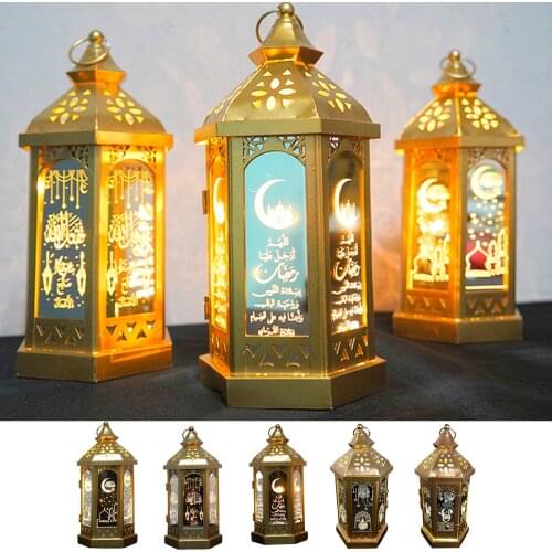 2021 Ramadan LED Lights tower Mosque Lantern Eid Mubarak Festival Warm Light Lamp Decoration Iron Crafts Desktop Eid Decoration