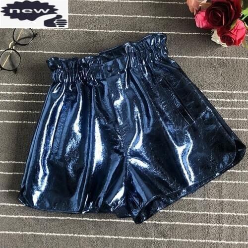 Summer Elastic High Waist Wide Legged Loose Genuine Shorts Fashion Streetwear Women Punk Glossy Patent Leather Hotpants