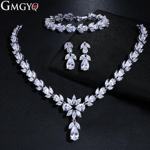 GMGYQ Fashion Crystal Zirconia Earrings Chain bracelets 3 st Jewelry Set For Women Wedding dresses Accessories