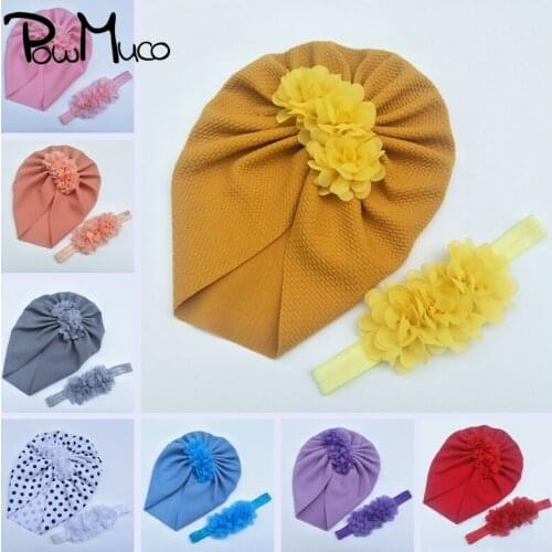 Powmuco Three Chiffon Flowers Infant Cap and Headband Set Fashion Handmade Floral Elastic Hairband Kids Accessories Photo Props