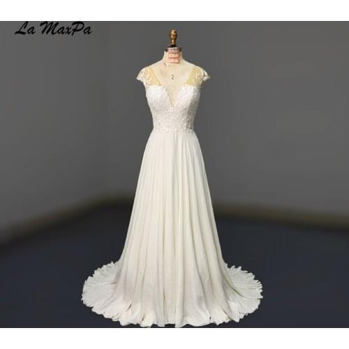 Real Sample Cap Sleeves Lace Top Chiffon Wedding Dress C1259
