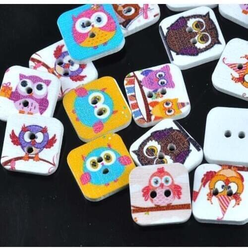50pcs Retail Diy Random Mixed owl Pattern Wooden Sewing cartoon Buttons Scrapbooki 2 Holes 15mm MT0926