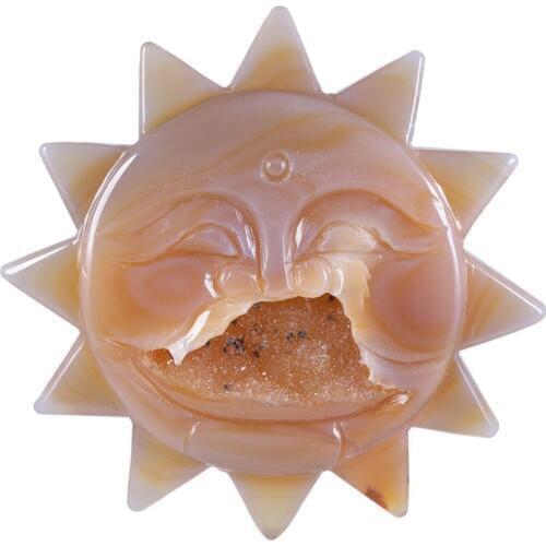 TUMBEELLUWA Sun Carved Natural Agate Geode with Stand,Reiki Crystal Stone Sculpture Figurine Healing for Collection Home Decor