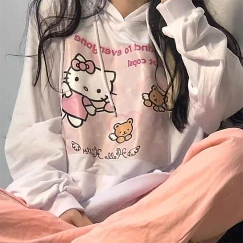 Autumn Anime Print Hoodie Sweatshirt Harajuku Hoody Teen Girls Women Loose Long Sleeve Kawaii Solid Sweatsuit Pullovers Sweats