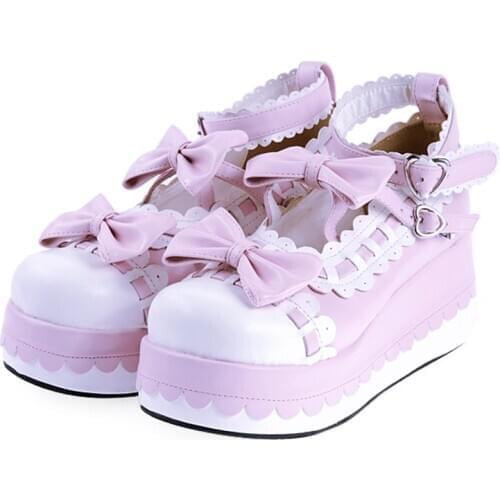 Platform Sweet Loli Girls Female Wedge High Heel Japanese Cute Anime Lolita Shoes Women Cosplay Feminine Bow Sling Back Buckle