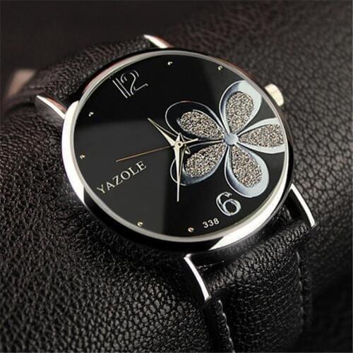 YAZOLE 2020 Fashion Women Watches Rhinestone Lady Wristwatches Bracelet Pink Flower Dial Quartz Clock Leather Strap Montre Homme