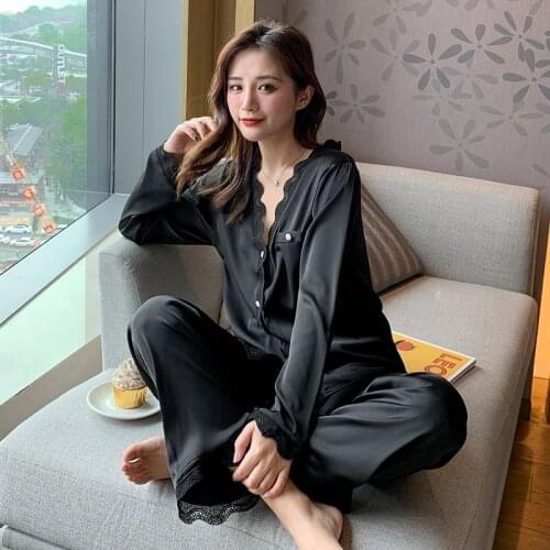 Womens Pajamas V-Neck Lace Cardigan Long-Sleeved Shirt and Pants Nightwear Suit Palace Trouser Suits Casual Loose Homewear