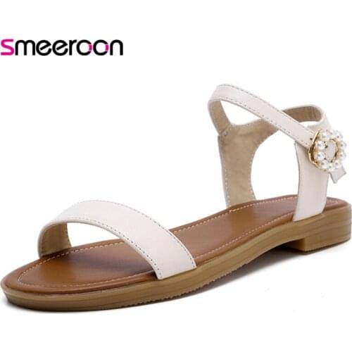 Smeeroon 2021 New Arrive Genuine Leather Shoes Women Sandals Pearl Buckle Summer Flat Sandals Comfortable Casual Shoes Lady