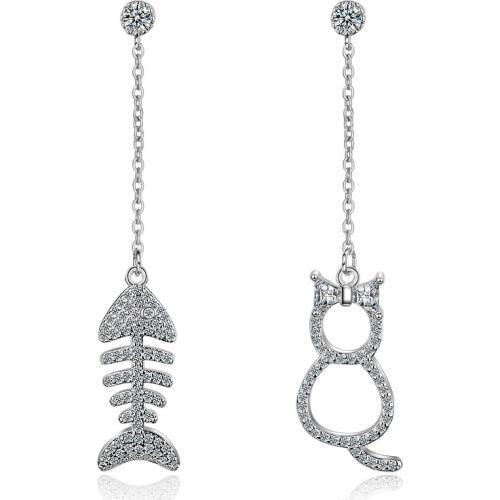 925 Sterling Silver Fashion Cute Cat & Fish Bone Student Girls Birthday Gift Ladies`long Tassels Stud Earrings Jewelry For Women