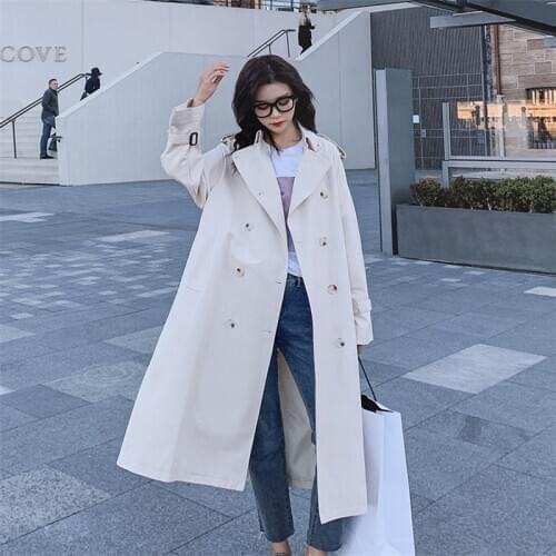 Spring Mid-length Off-white Chic Epaulet Trench for women with belt ropa mujer otono New Double breasted Casual Windbreaker Coat