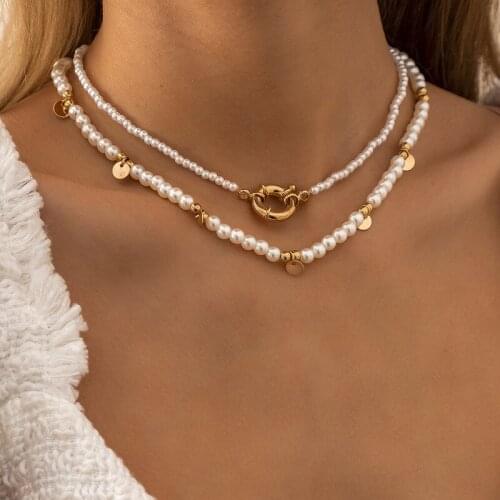 Origin Summer Temperament Double-Layer Imitation Pearl Beaded Chokers Necklace for Women Toggle Clasp Metal Necklace Jewelry