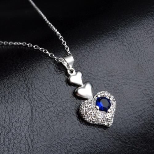 Beautiful Love Heart Design With Shiny Blue Cubic Zircon 925 Sterling Silver Necklace For Women/Girls