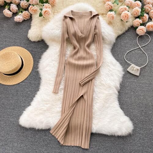 Womens Autumn Winter Runway Fashion Vintage Elastic V Neck Split Dress Female Travel Chic Slim Party Dress TB212