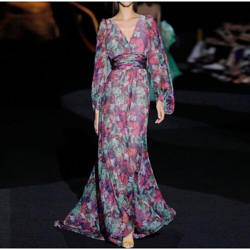 Vintage Lantern Sleeve Printed Long Dresses for Women Spring Summer 2021 Runway Elegant V-neck Floral Chiffon Maxi Dress