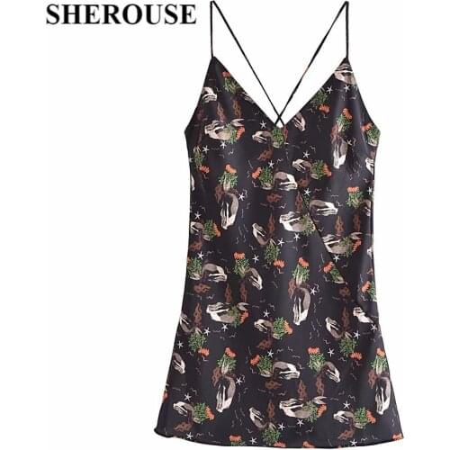 SHEROUSE Women Fashion Mermaid pattern print Halter Dress Vintage Thin Straps Backless Chic Lady Mini Dresses Woman Robe femme