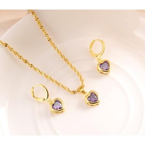 Gold Bridal crystal Jewelry Sets Heart purple pink Cubic Zircon Earring Necklace chain weddingJewelry Sets for Women girls gifts