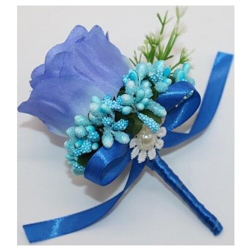 10Pcs New Style Best Man Groom Boutonniere Blue Silk Satin Rose Flower men buttonhole Wedding Party Prom Man Suit Corsage