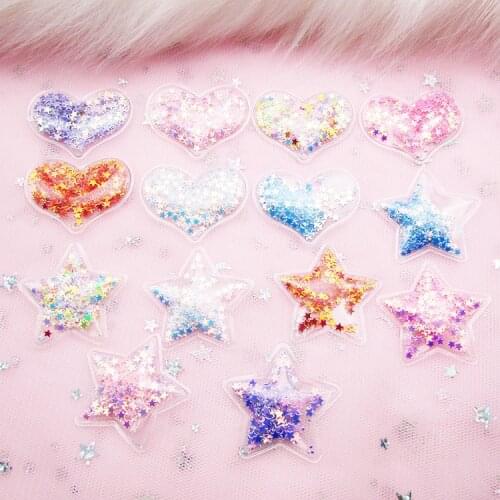 100pcs/lot Transparent PVC Hearts Stars patch applique with sequin For Clothes DIY Childrens Hair Clip Headwear Accessories