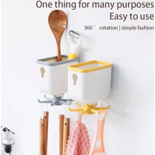 2 Pcs 360 Degrees Rotatable Kitchen Hook Organizer Self Adhesive 6 Hooks Wall Door Cabinet Rack Clothes Bag Homestorage Rack