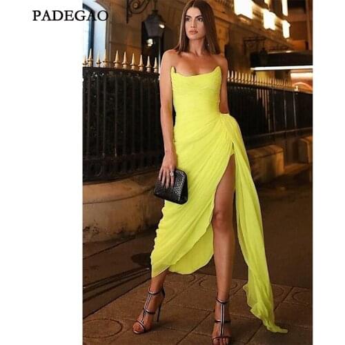 2019 Simple Long Chiffon Yellow Evening Dresses Sleeveless Side Split Evening Dress Plus Size Custom Made