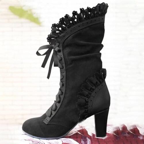 2020 Women Lace Womens High Heel Middle Tube Boots Botas Zapatos Mujer Retro Leather Winter Shoes Booties Cowboy Botas Mujer
