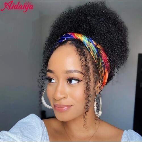 Aidaiya Headband Wig African Women Turban Wig Synthetic Afro Kinky Culry Head Wig Black Wrap and Wig Linked Together Headband