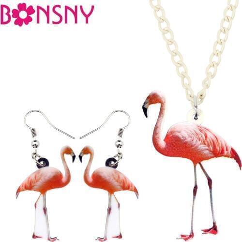 Bonsny Acrylic Jewelry Sets Flamingo Bird Necklace Earrings Choker Fashion Animal Pendant For Women Girls Teens Gift Decoration