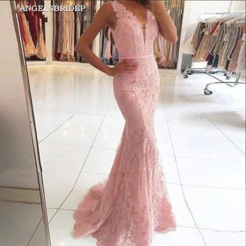 ANGELSBRIDEP V-Neck Mermaid Prom Dresses Vestidos de festa Sexy Cap-Shoulder Court Train Formal Evening Party Gowns Lace-up Back